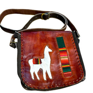 Vintage Puro Cuero Peruvian Handmade Leather and fur Lama embroilered Crossbody